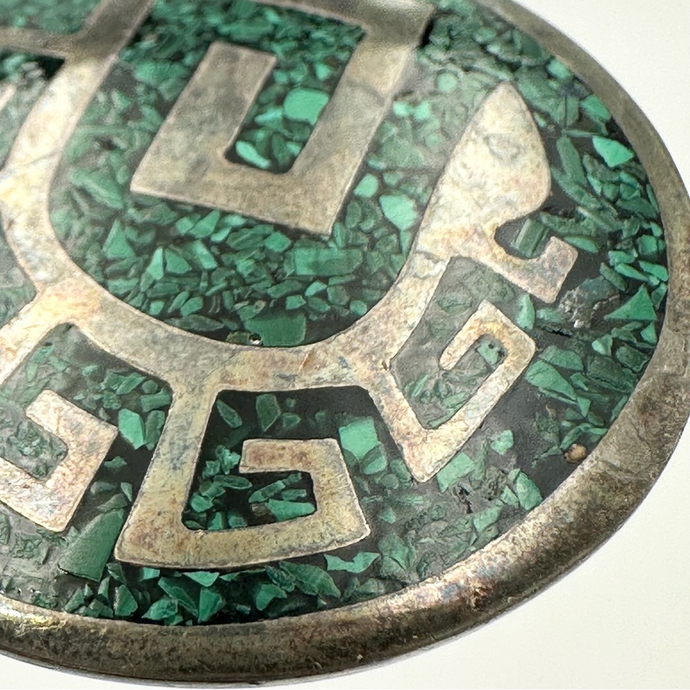 Vintage Taxco Sterling Silver 925 Crushed Malachite Inlay Tribal Brooch Pin - Picture 4 of 7